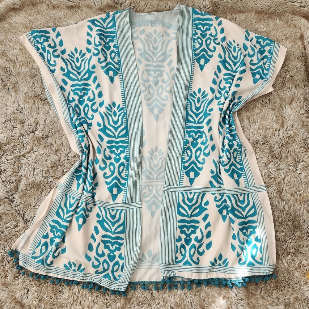 Unbranded Kimono White‎ with Teal Print and Pom Trim One Size Fits All